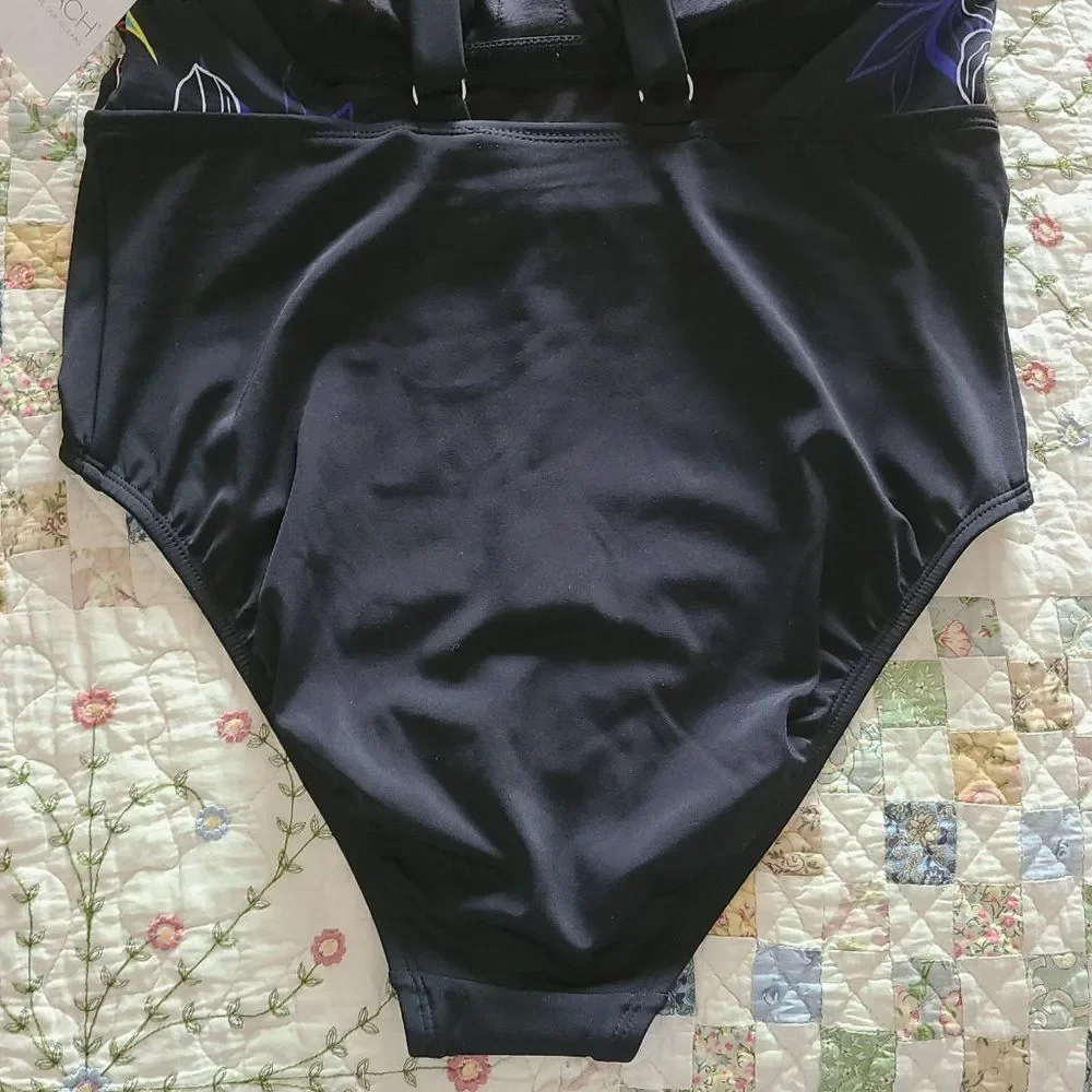Eco Beach Women's High Neck One-Piece Swimsuit Color Black/Multi Size Large NWT